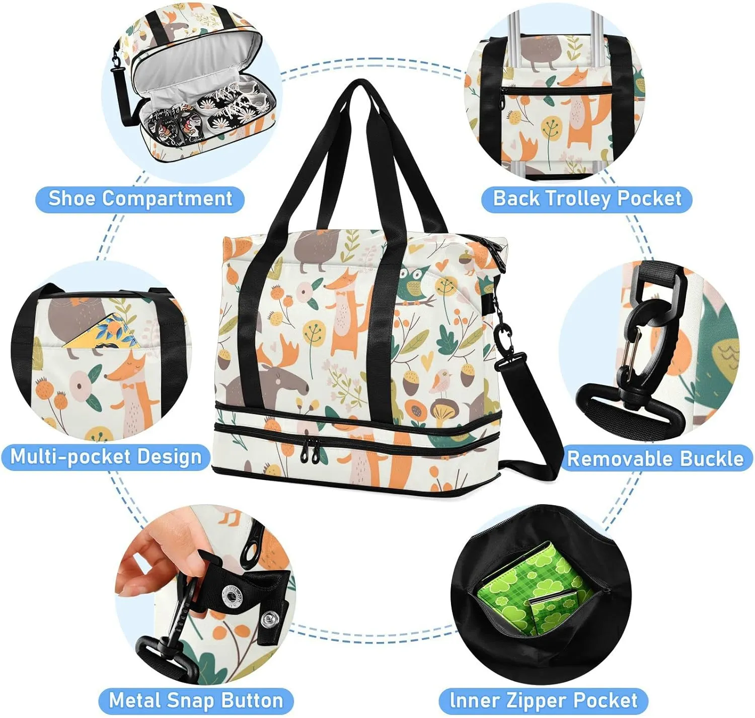 Autumn Forest with Bear Hare Squirrel Elk Owl Foxes Flowers Gym Duffel Bag, Polyester Travel Weekender Luggage Handbag with Waterproof Pocket for Wet Items, Unisex Foldable Tote for Sports
