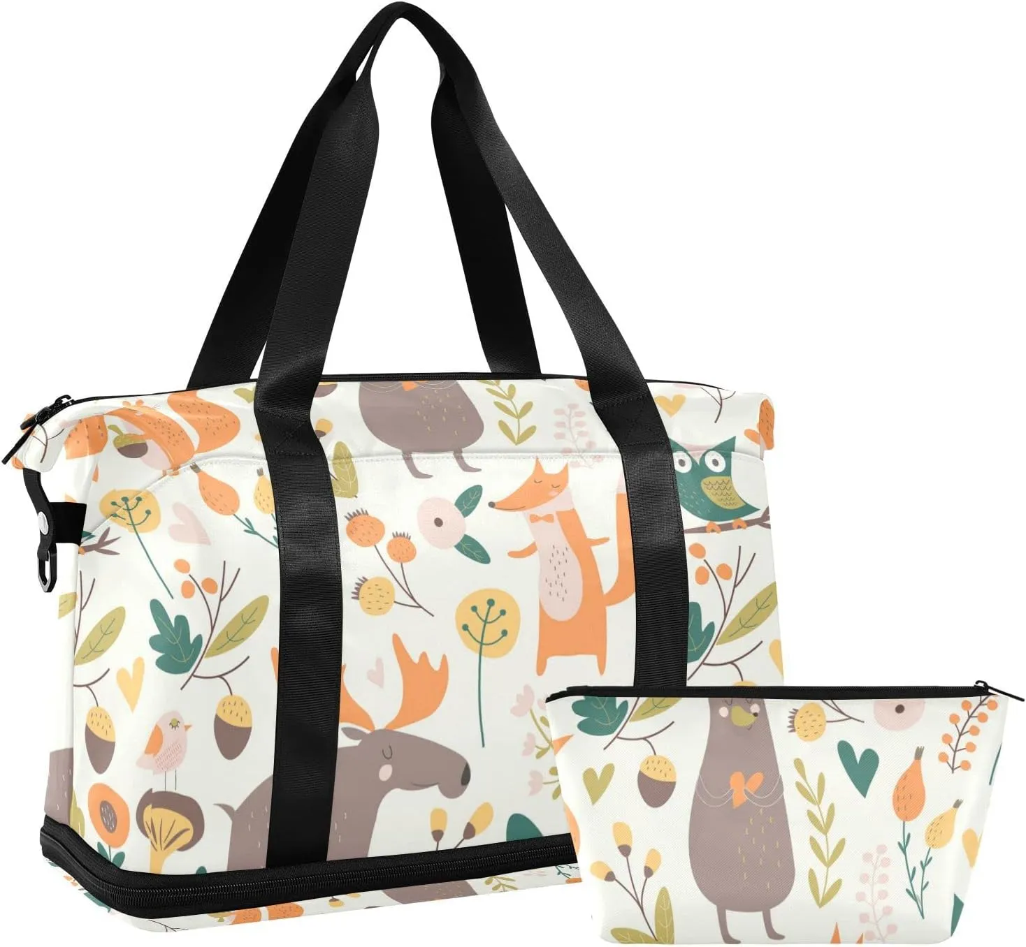 Autumn Forest with Bear Hare Squirrel Elk Owl Foxes Flowers Gym Duffel Bag, Polyester Travel Weekender Luggage Handbag with Waterproof Pocket for Wet Items, Unisex Foldable Tote for Sports