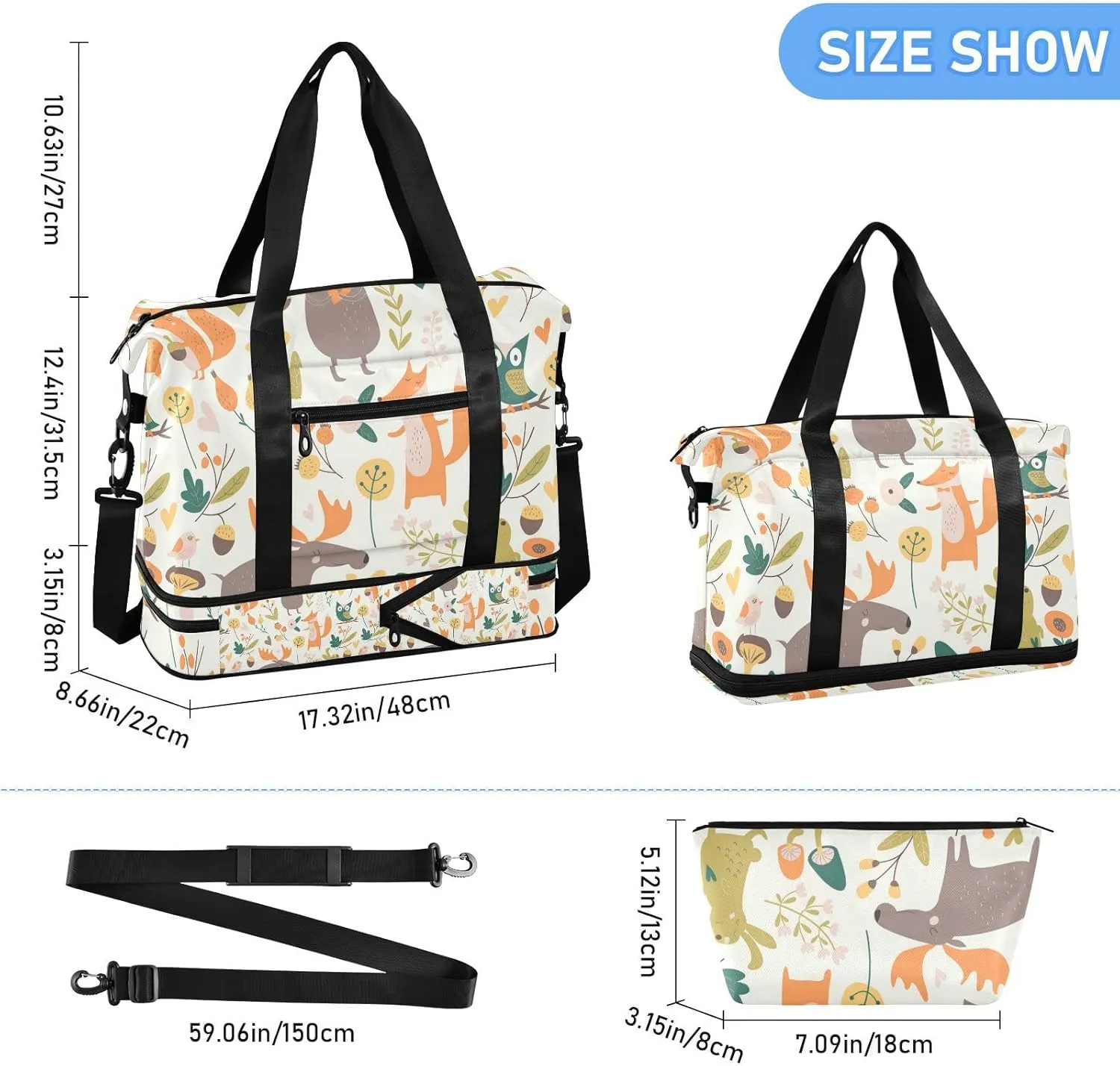Autumn Forest with Bear Hare Squirrel Elk Owl Foxes Flowers Gym Duffel Bag, Polyester Travel Weekender Luggage Handbag with Waterproof Pocket for Wet Items, Unisex Foldable Tote for Sports