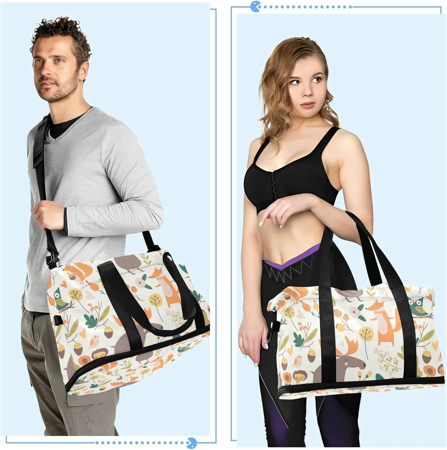 Autumn Forest with Bear Hare Squirrel Elk Owl Foxes Flowers Gym Duffel Bag, Polyester Travel Weekender Luggage Handbag with Waterproof Pocket for Wet Items, Unisex Foldable Tote for Sports
