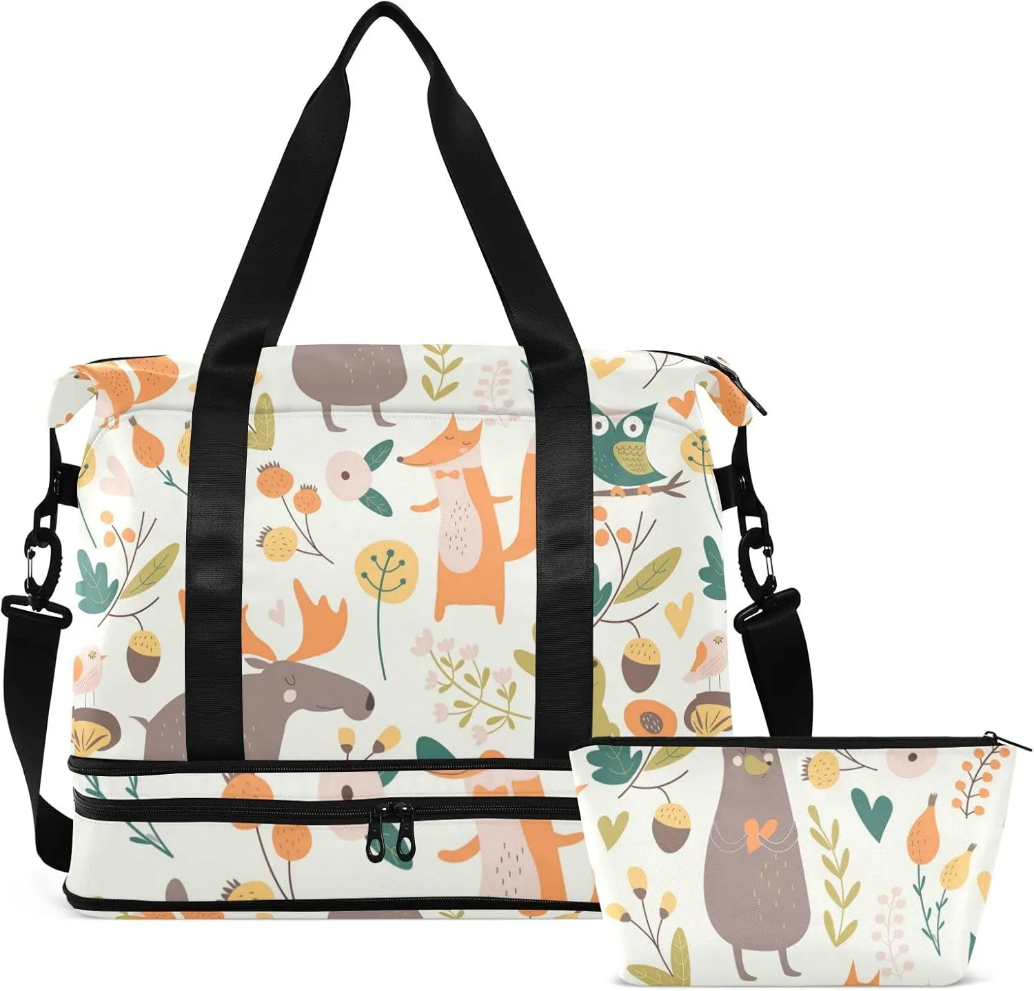 Autumn Forest with Bear Hare Squirrel Elk Owl Foxes Flowers Gym Duffel Bag, Polyester Travel Weekender Luggage Handbag with Waterproof Pocket for Wet Items, Unisex Foldable Tote for Sports