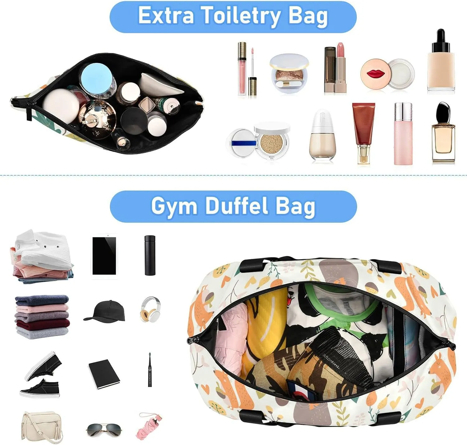 Autumn Forest with Bear Hare Squirrel Elk Owl Foxes Flowers Gym Duffel Bag, Polyester Travel Weekender Luggage Handbag with Waterproof Pocket for Wet Items, Unisex Foldable Tote for Sports