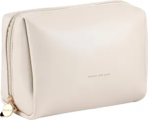 Aveniee Travel Makeup Bag, Large Toiletry Bag for Women, Vegan Leather Travel Pouches Case, Make Up Bag for Travel Essentials Brushes, Cosmetic Bag Purse Organizer with Divider and Gold Zippers(Cream)