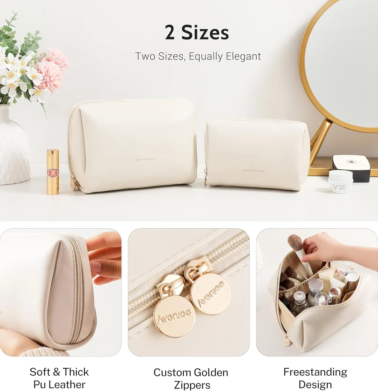 Aveniee Travel Makeup Bag, Large Toiletry Bag for Women, Vegan Leather Travel Pouches Case, Make Up Bag for Travel Essentials Brushes, Cosmetic Bag Purse Organizer with Divider and Gold Zippers(Cream)