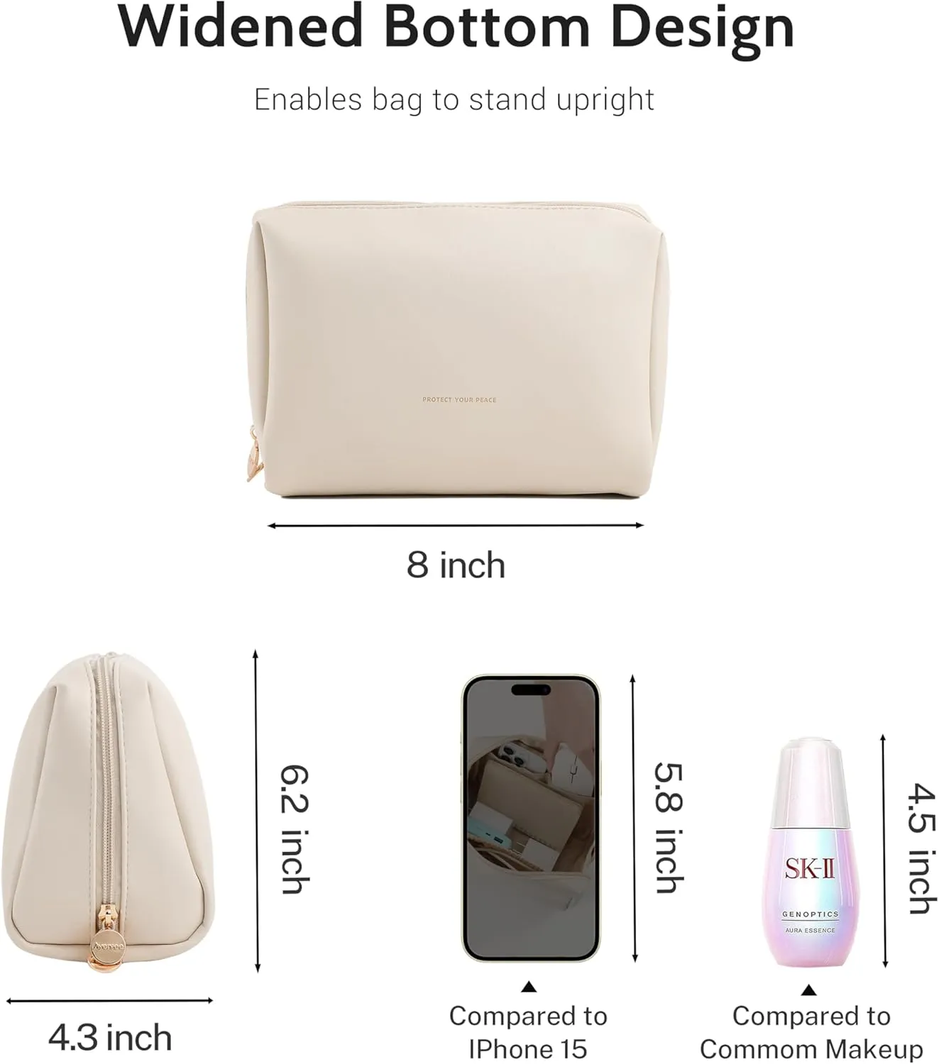 Aveniee Travel Makeup Bag, Large Toiletry Bag for Women, Vegan Leather Travel Pouches Case, Make Up Bag for Travel Essentials Brushes, Cosmetic Bag Purse Organizer with Divider and Gold Zippers(Cream)