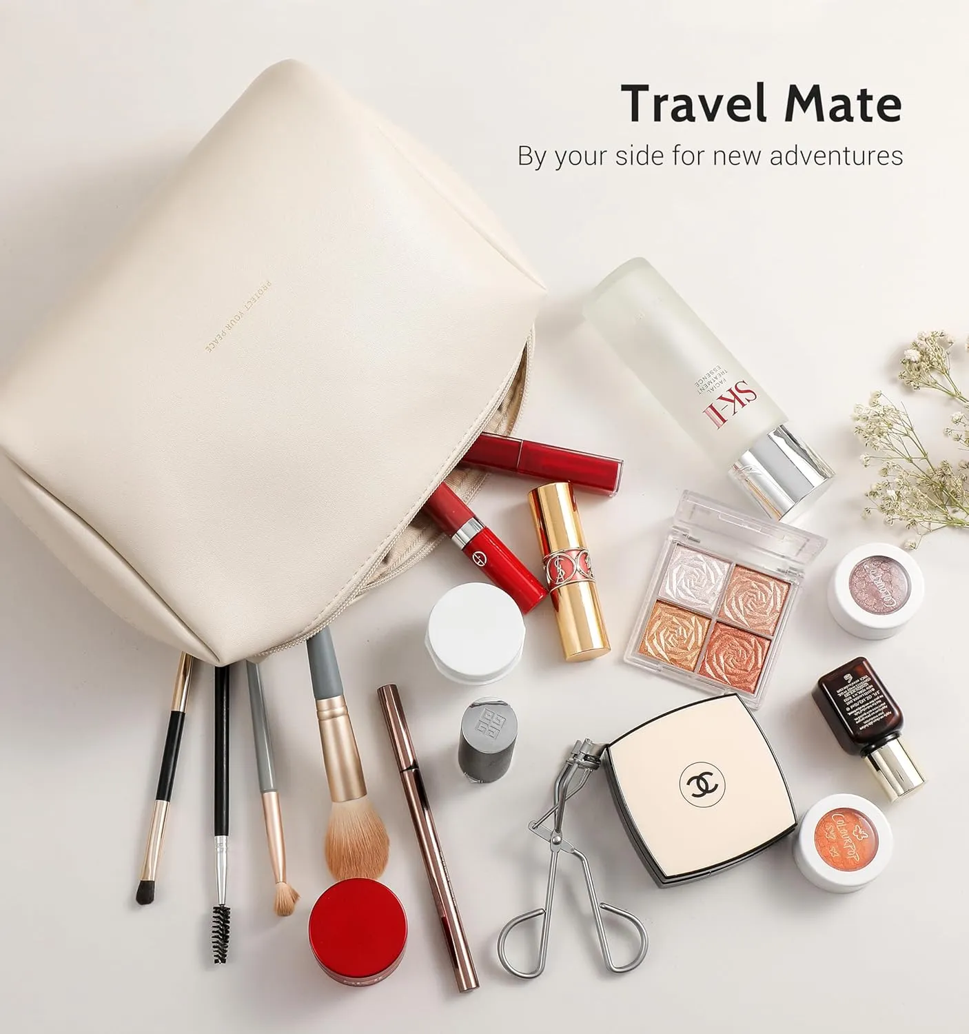 Aveniee Travel Makeup Bag, Large Toiletry Bag for Women, Vegan Leather Travel Pouches Case, Make Up Bag for Travel Essentials Brushes, Cosmetic Bag Purse Organizer with Divider and Gold Zippers(Cream)