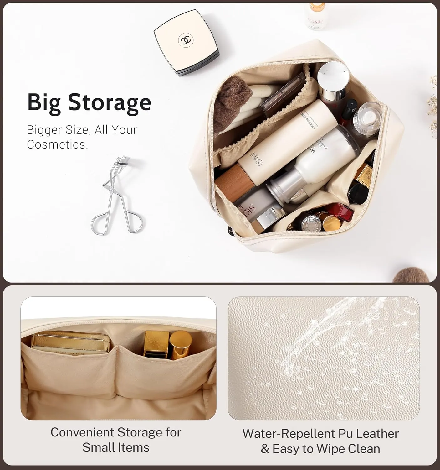 Aveniee Travel Makeup Bag, Large Toiletry Bag for Women, Vegan Leather Travel Pouches Case, Make Up Bag for Travel Essentials Brushes, Cosmetic Bag Purse Organizer with Divider and Gold Zippers(Cream)