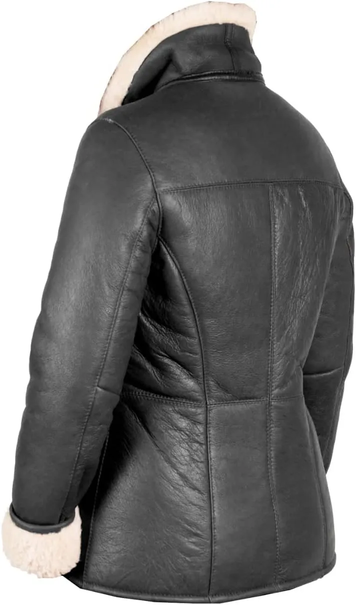Aviator Sheepskin Leather Jacket Faux Fur Sherpa Ladies Coat Winter Jacket Regular and Plus Size Black Brown