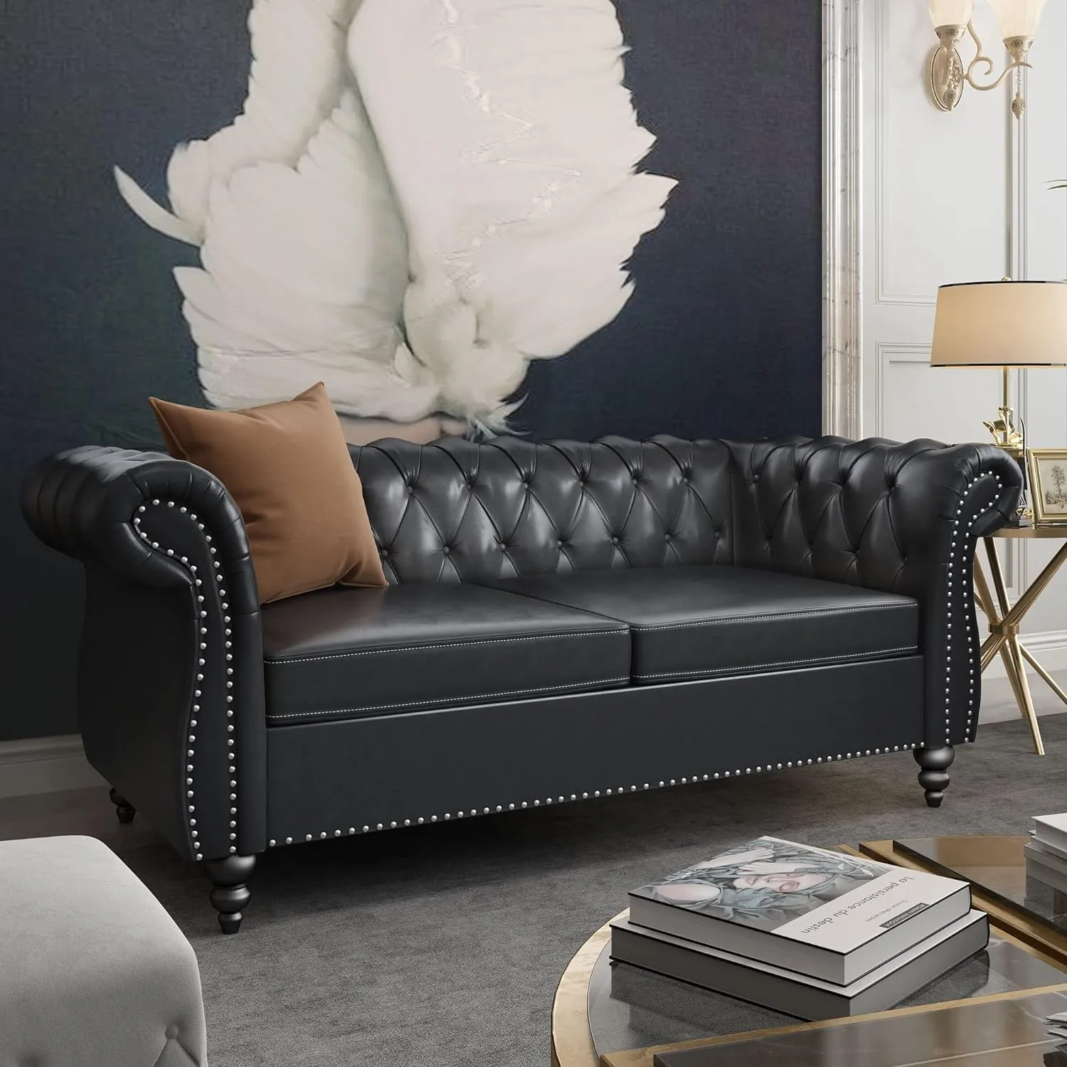 AVZEAR Chesterfield Loveseat Sofa, Upholstered Sofa Modern 2 Seater Couch Sofa Set Style Button Tufted, Mid-Century PU Chesterfield Sofa for Living Room Apartment, PU Black