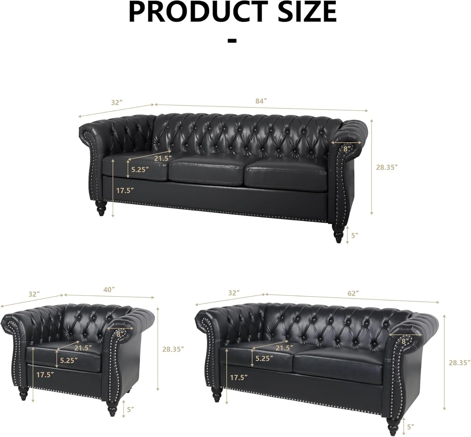 AVZEAR Chesterfield Loveseat Sofa, Upholstered Sofa Modern 2 Seater Couch Sofa Set Style Button Tufted, Mid-Century PU Chesterfield Sofa for Living Room Apartment, PU Black