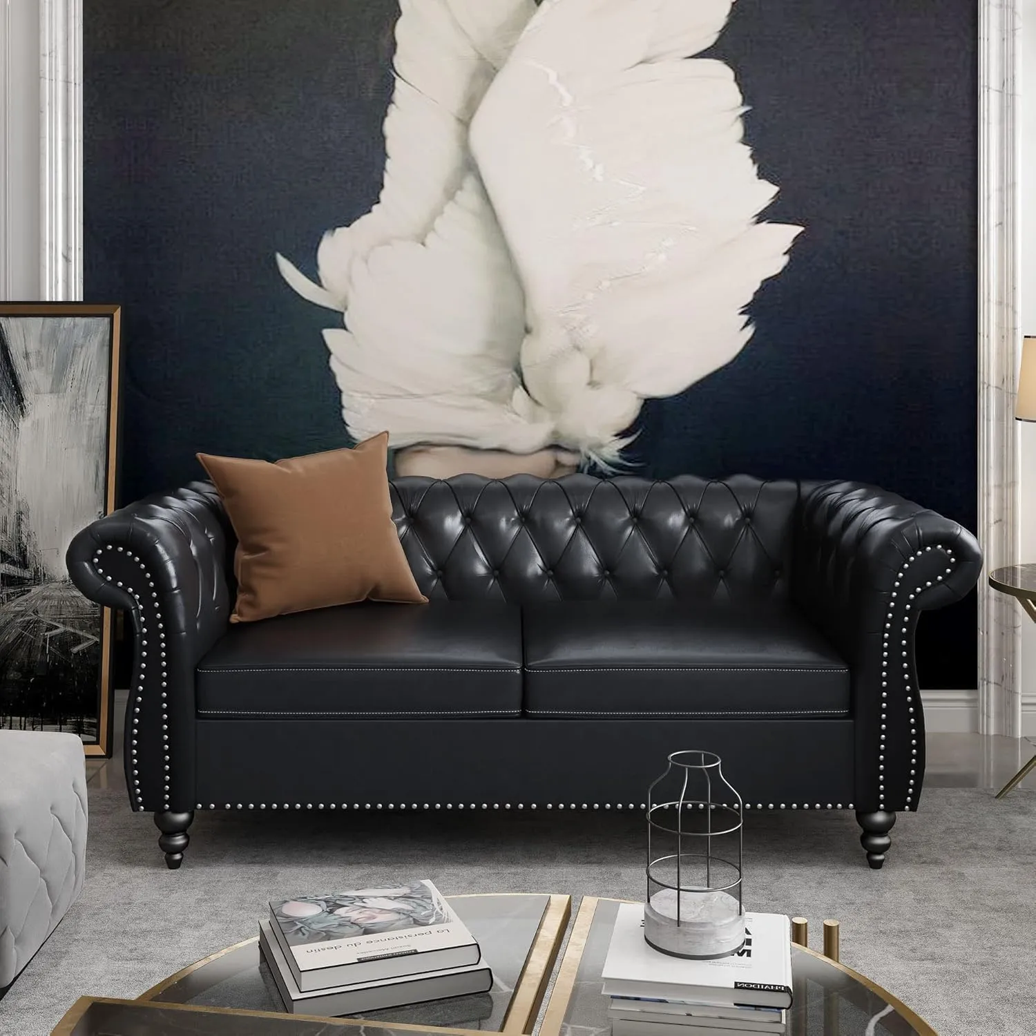 AVZEAR Chesterfield Loveseat Sofa, Upholstered Sofa Modern 2 Seater Couch Sofa Set Style Button Tufted, Mid-Century PU Chesterfield Sofa for Living Room Apartment, PU Black