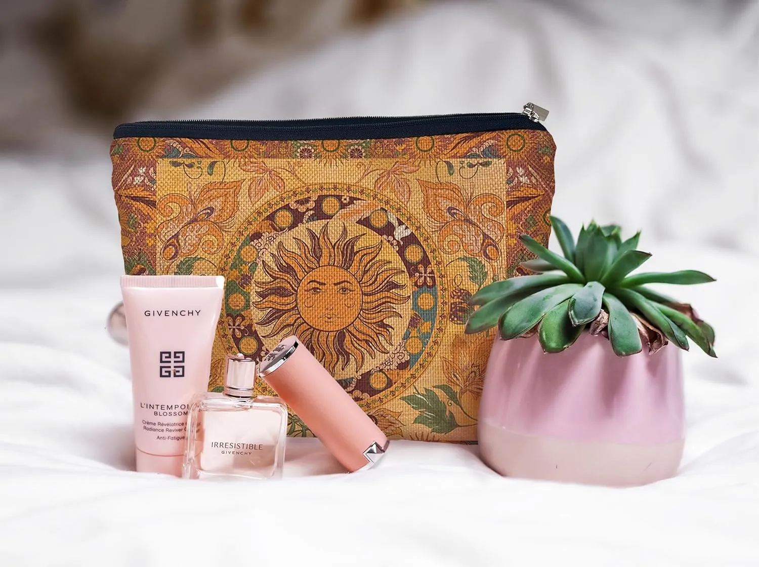 Ayxvt Boho Makeup Bag, Sun and Moon Makeup Bag, Hippie Flower Pouch Floral Cosmetic Bag, Boho Gifts for Women Teen Girls (Boho Sun Hippie Flower)