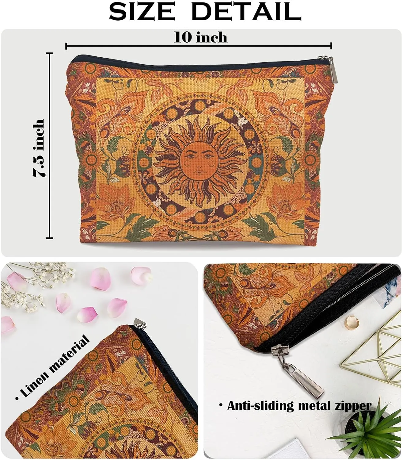 Ayxvt Boho Makeup Bag, Sun and Moon Makeup Bag, Hippie Flower Pouch Floral Cosmetic Bag, Boho Gifts for Women Teen Girls (Boho Sun Hippie Flower)