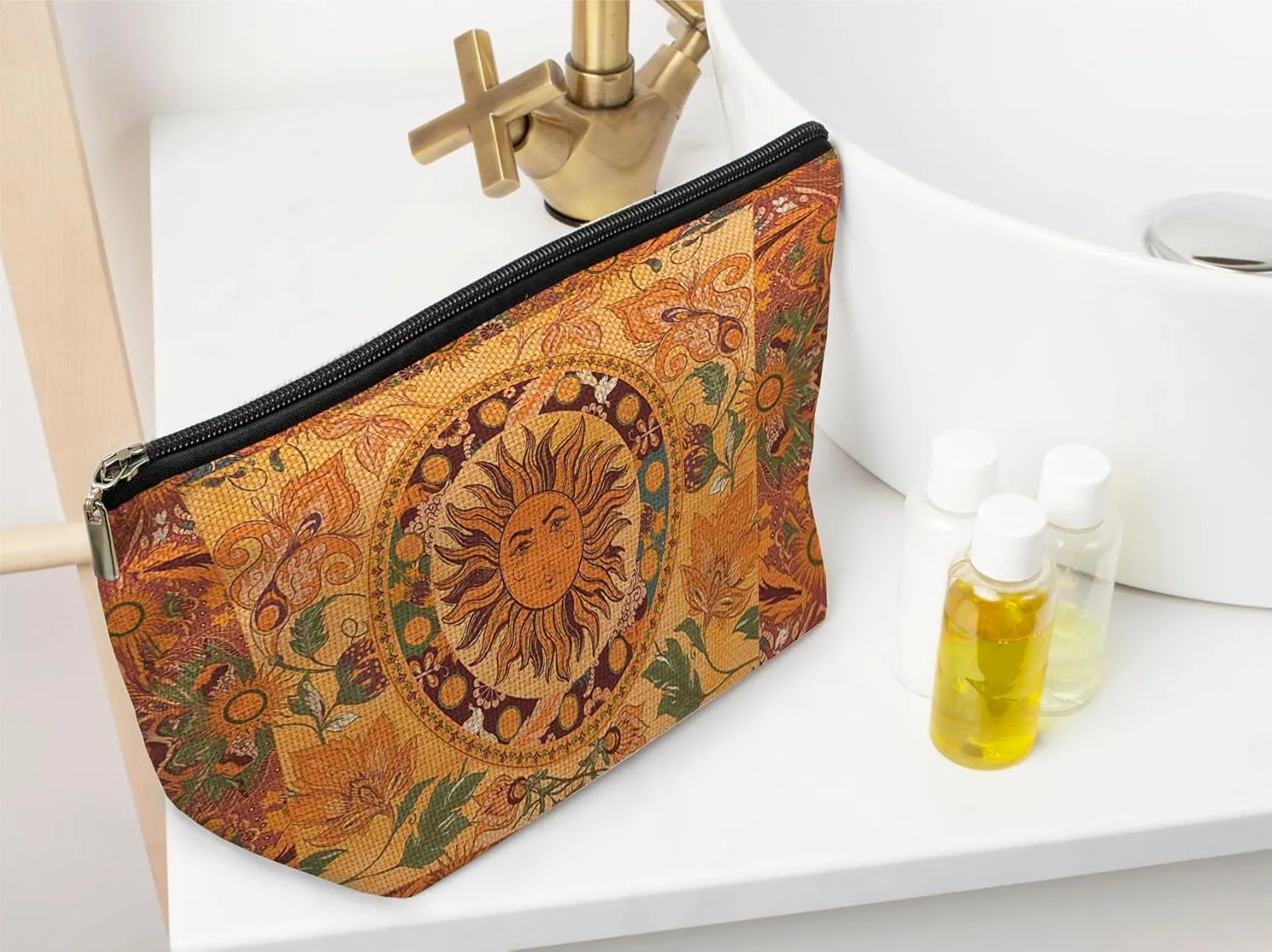 Ayxvt Boho Makeup Bag, Sun and Moon Makeup Bag, Hippie Flower Pouch Floral Cosmetic Bag, Boho Gifts for Women Teen Girls (Boho Sun Hippie Flower)