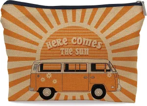 Ayxvt Here Comes the Sun Retro 70s Hippie Orange Bus Sunshine Ray Cosmetic Bag Decorative Women's Makeup Bag Zipper Pouch Travel Toiletry,Birthday Gifts for Teen Girls