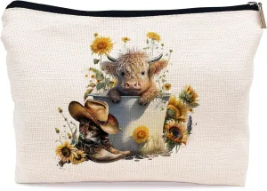 Ayxvt Highland Cow Makeup Bag - Spring Western Cosmetic Bags for Women, Summer Sunflower Floral Cowboy Boot Hats, Cow Gifts for Lovers