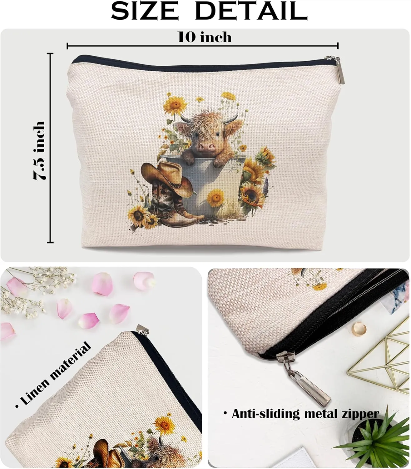 Ayxvt Highland Cow Makeup Bag - Spring Western Cosmetic Bags for Women, Summer Sunflower Floral Cowboy Boot Hats, Cow Gifts for Lovers