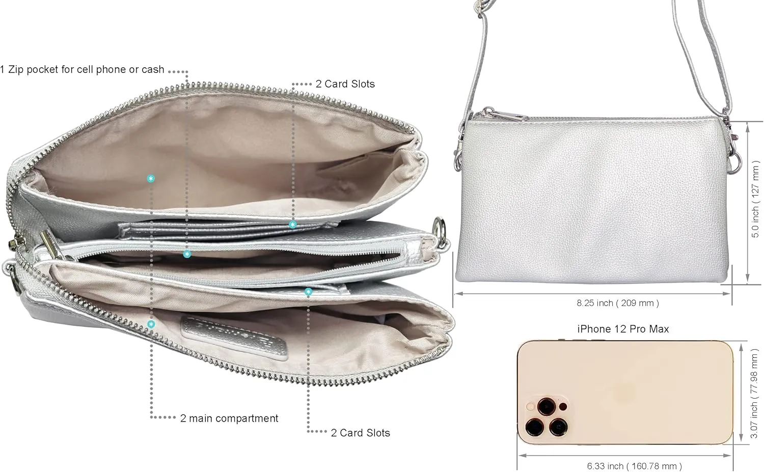 B BRENTANO Vegan Leather Multi-Pocket Crossbody Purse/Clutch with Card Slots, Removable Wristlet & Adjustable Shoulder Strap