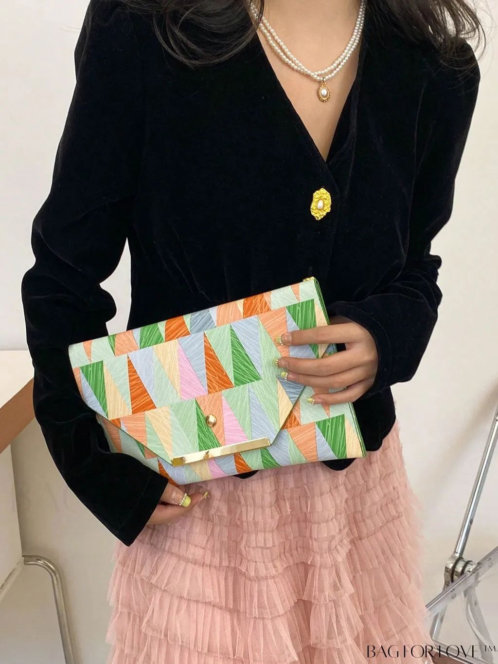 BagForLove - Chic PU Envelope Bag with Geometric Pattern Flap - Fashion at its Finest