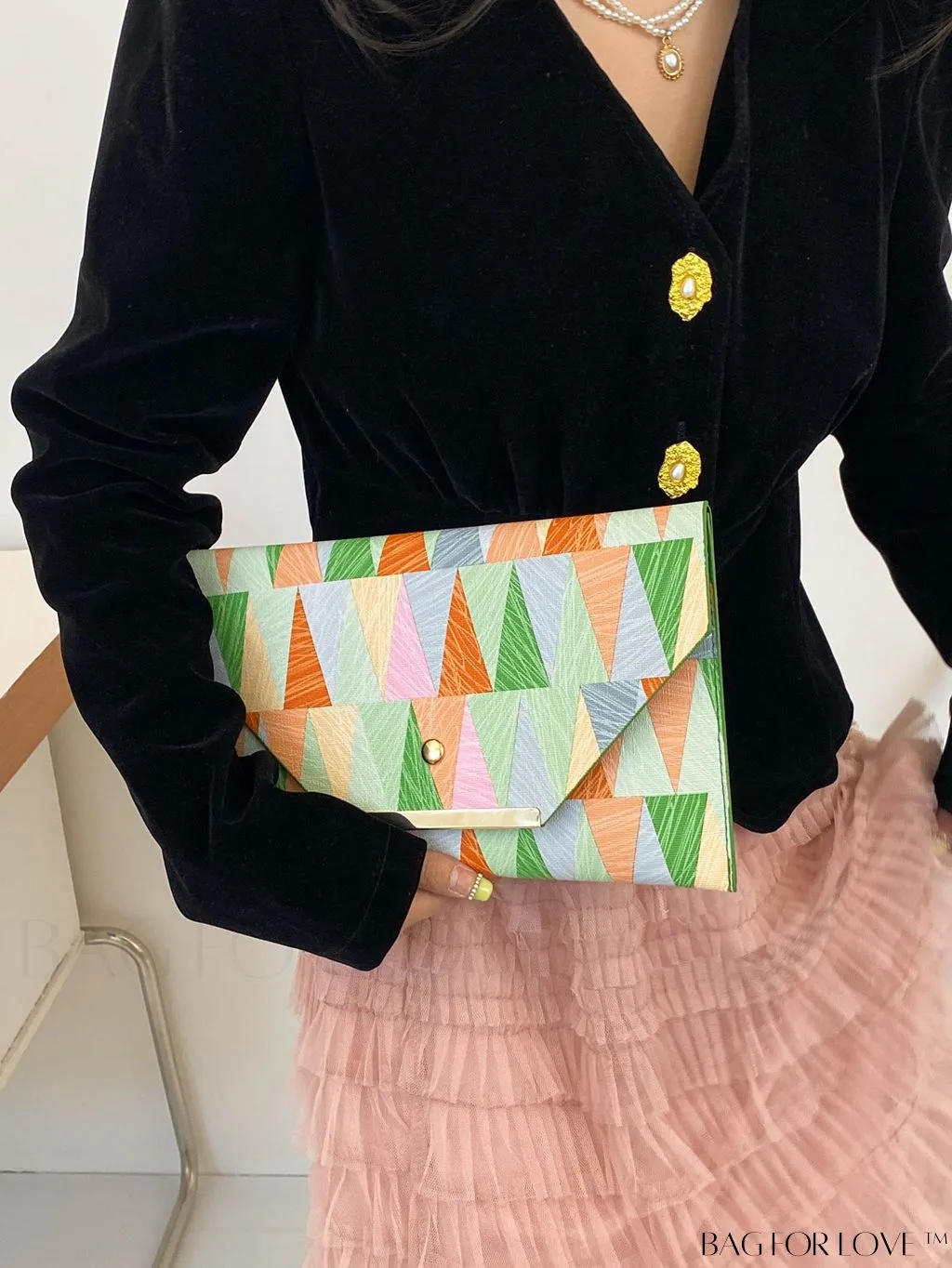 BagForLove - Chic PU Envelope Bag with Geometric Pattern Flap - Fashion at its Finest