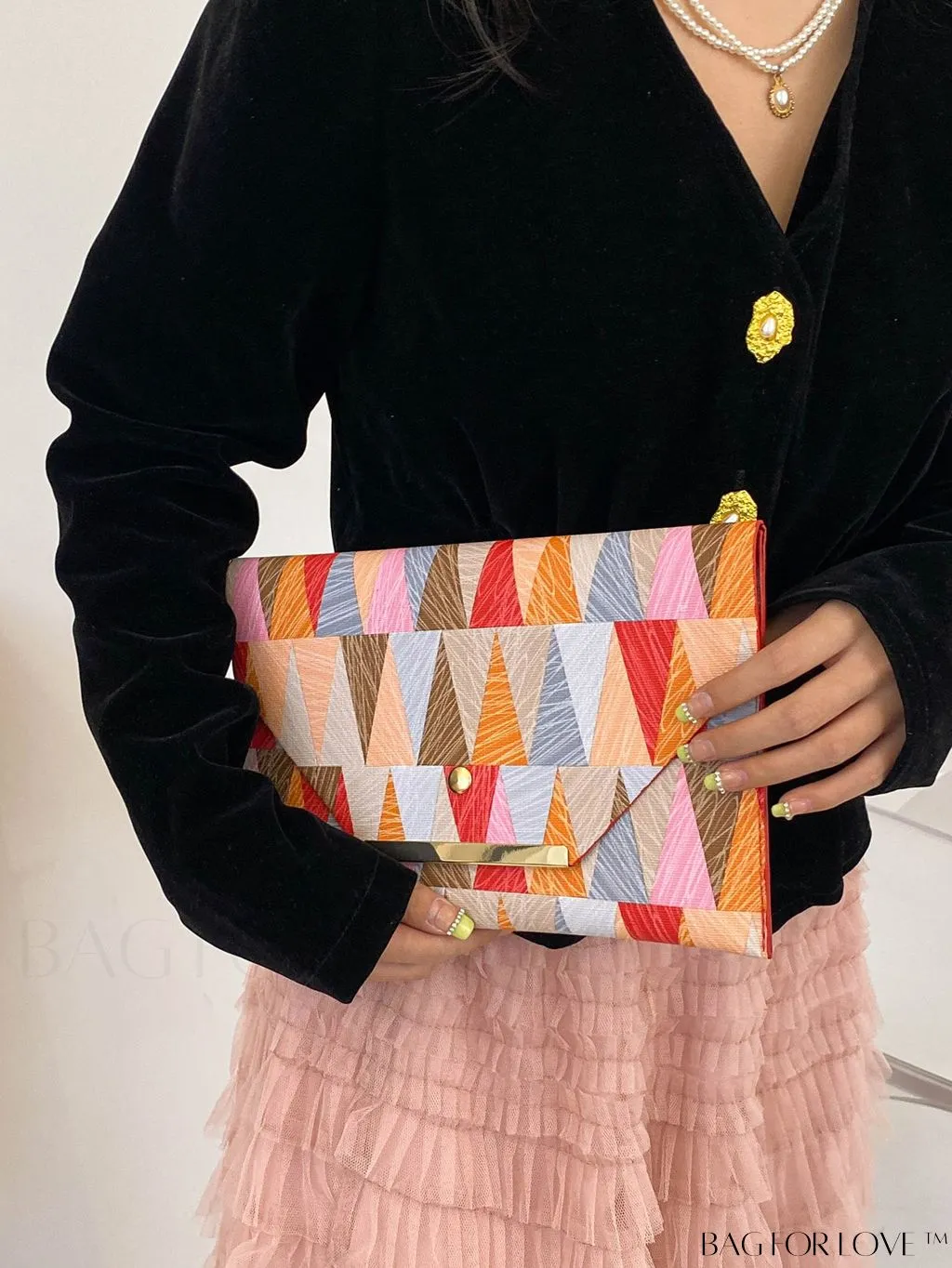 BagForLove - Chic PU Envelope Bag with Geometric Pattern Flap - Fashion at its Finest