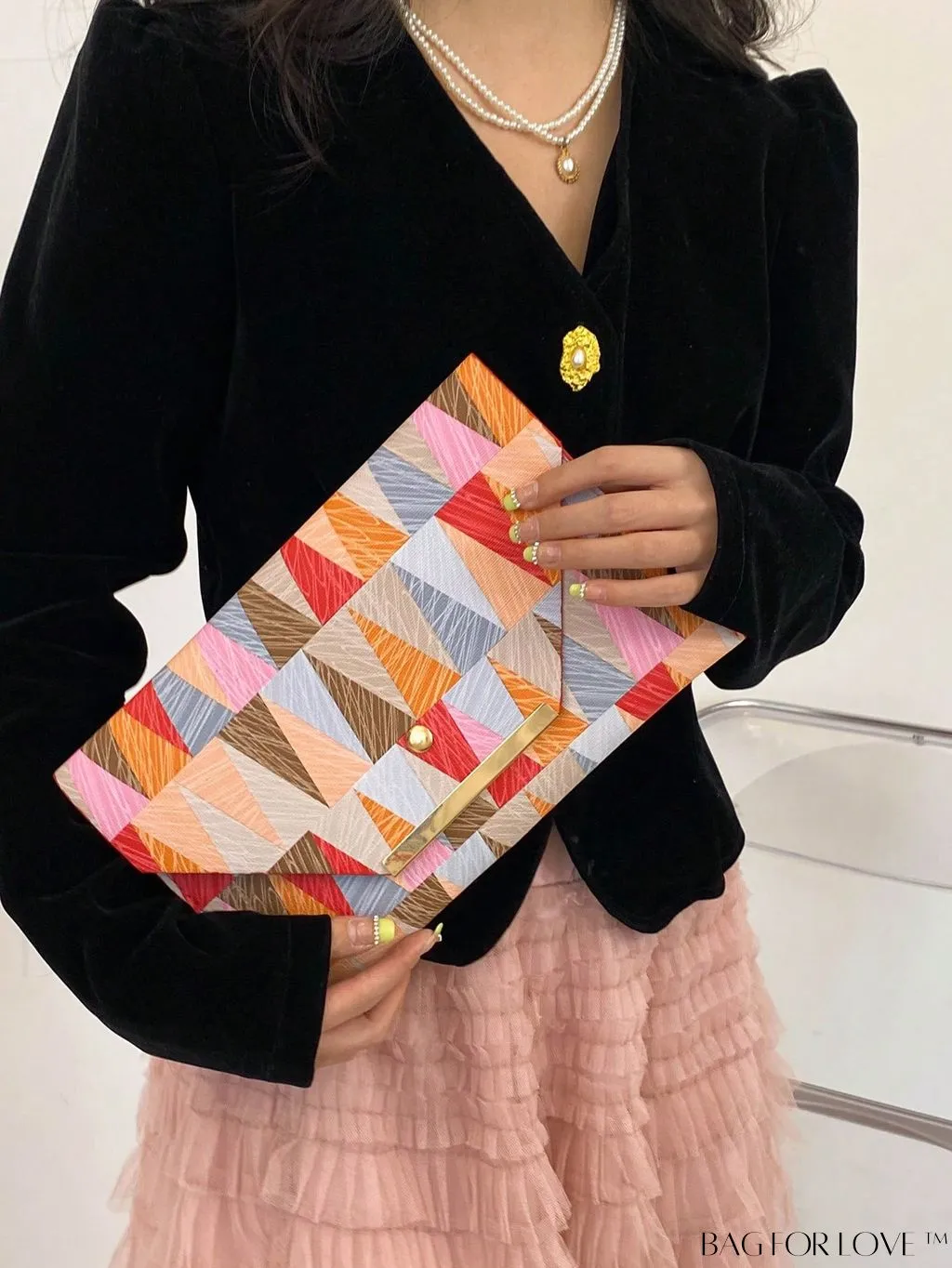 BagForLove - Chic PU Envelope Bag with Geometric Pattern Flap - Fashion at its Finest