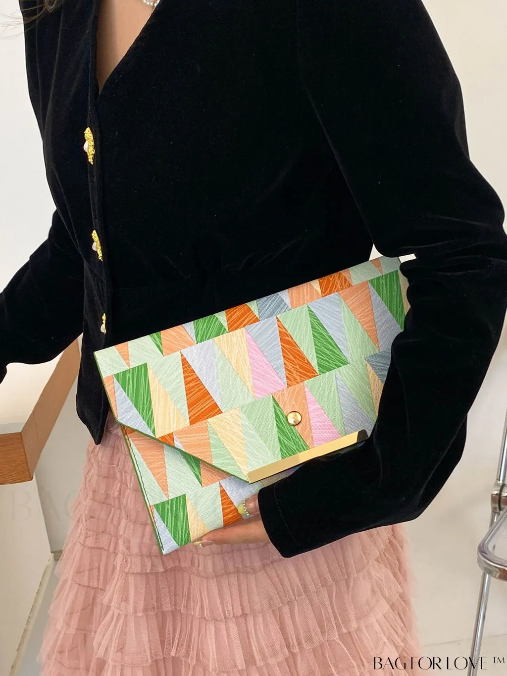 BagForLove - Chic PU Envelope Bag with Geometric Pattern Flap - Fashion at its Finest