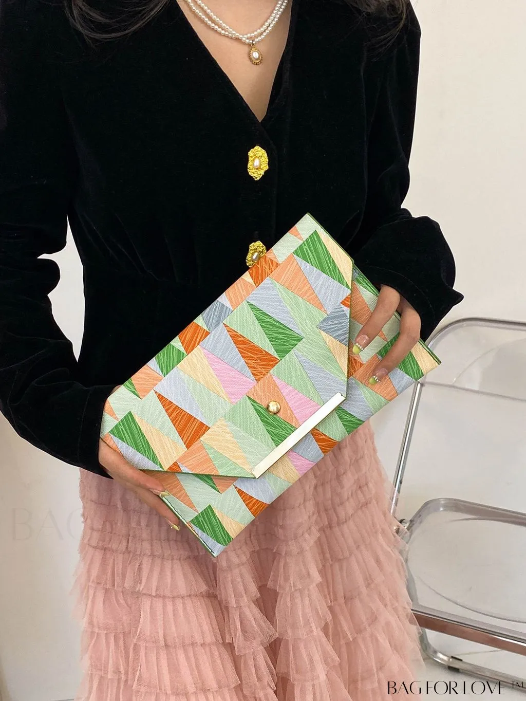 BagForLove - Chic PU Envelope Bag with Geometric Pattern Flap - Fashion at its Finest