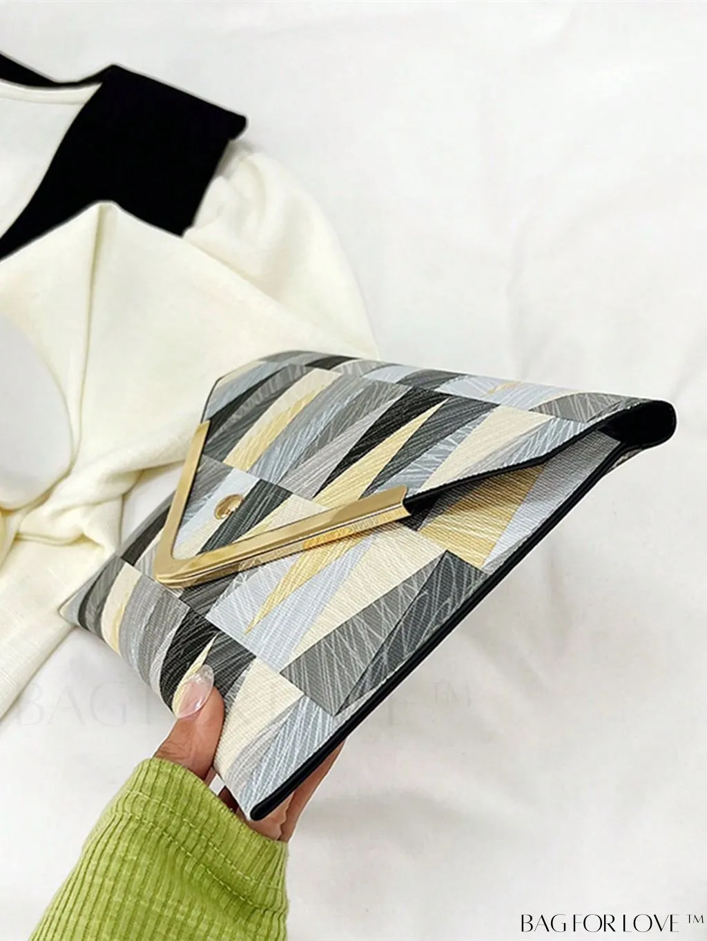 BagForLove - Colorblock Geometric Envelope Bag with Metal Accents - Medium Size
