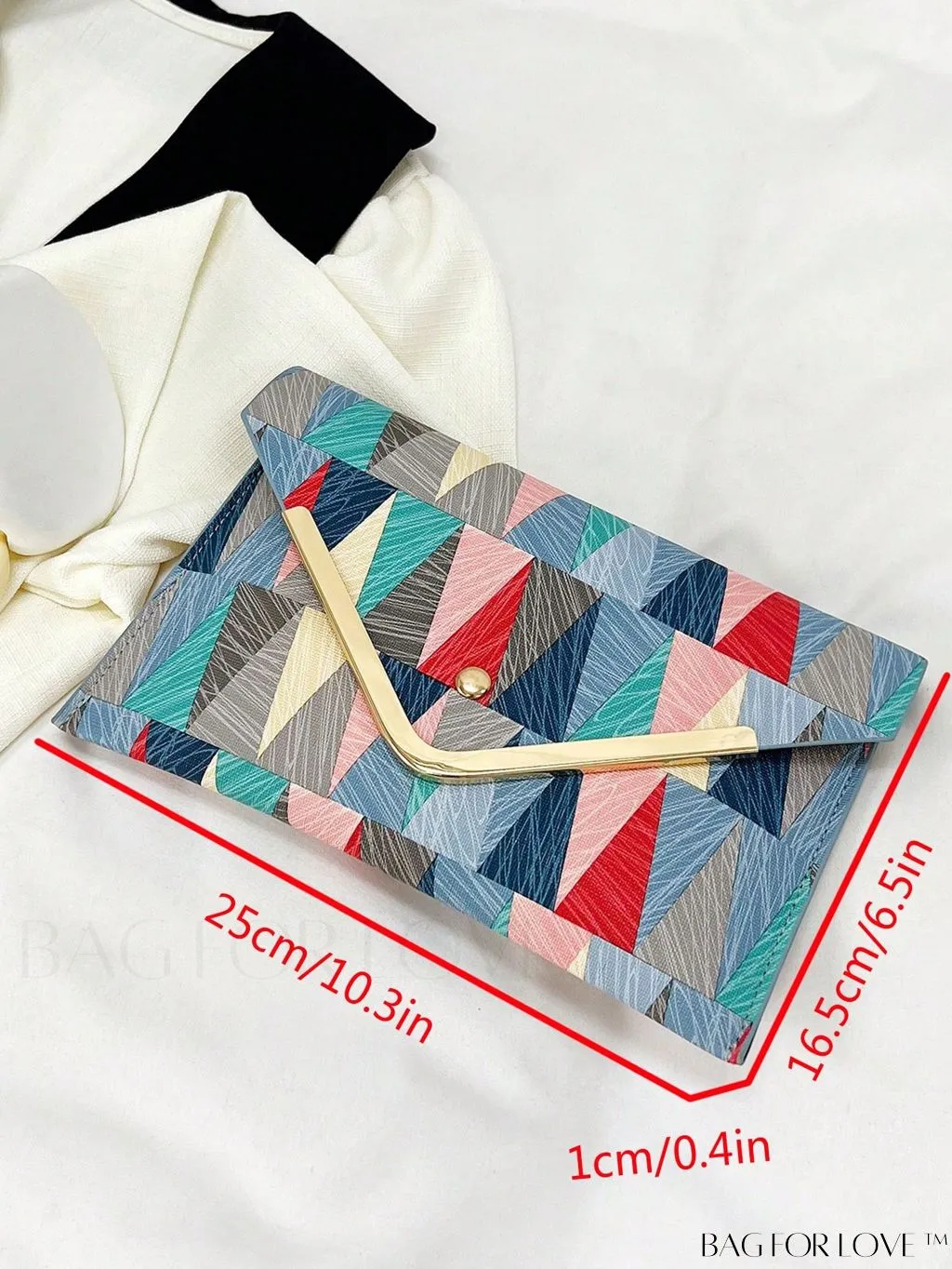 BagForLove - Colorblock Geometric Envelope Bag with Metal Accents - Medium Size