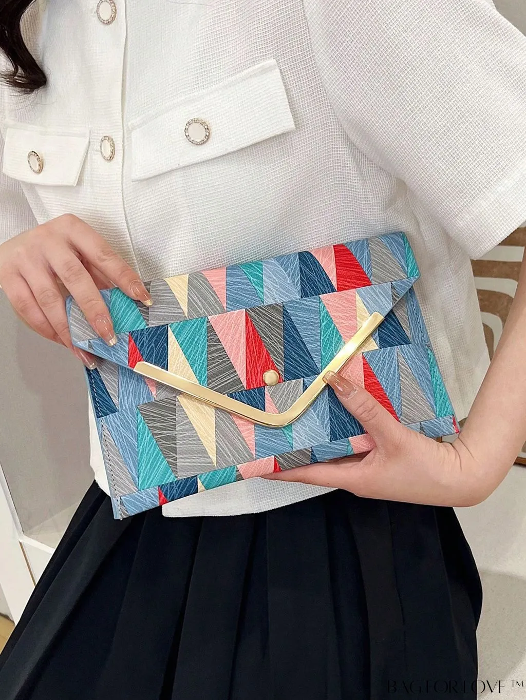 BagForLove - Colorblock Geometric Envelope Bag with Metal Accents - Medium Size