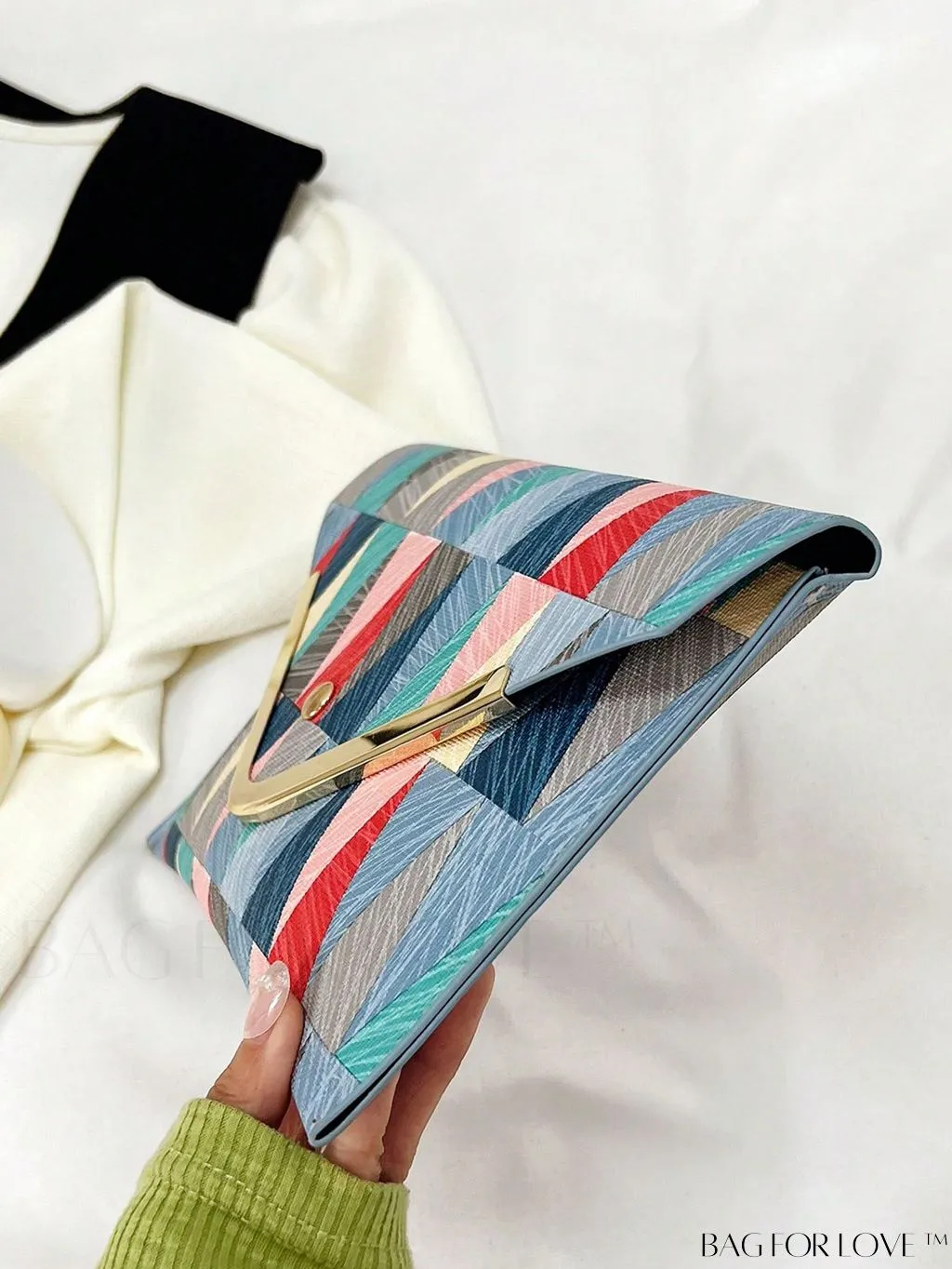 BagForLove - Colorblock Geometric Envelope Bag with Metal Accents - Medium Size