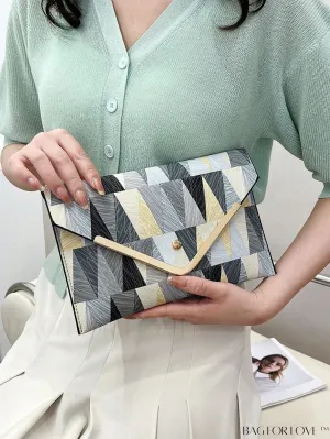 BagForLove - Colorblock Geometric Envelope Bag with Metal Accents - Medium Size