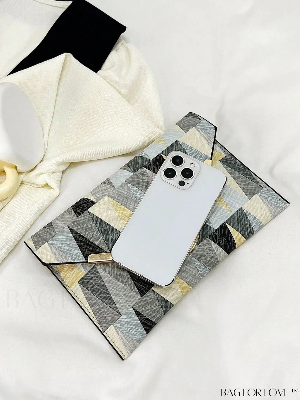 BagForLove - Colorblock Geometric Envelope Bag with Metal Accents - Medium Size
