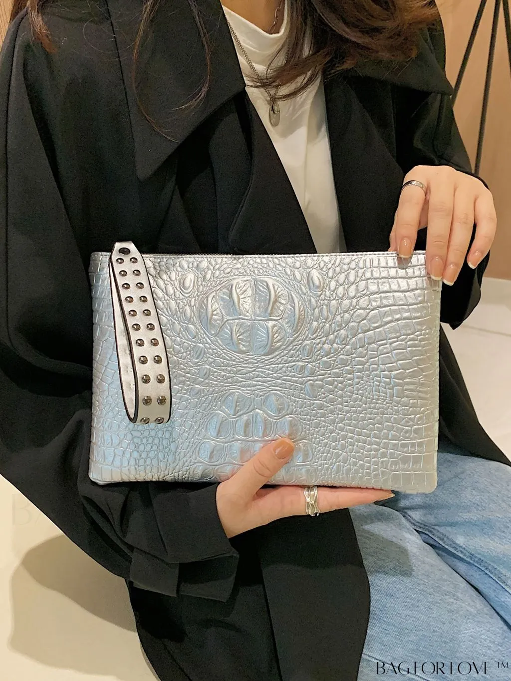 BagForLove - Embossed Croc Clutch with Studded Decor - Elegant and Stylish