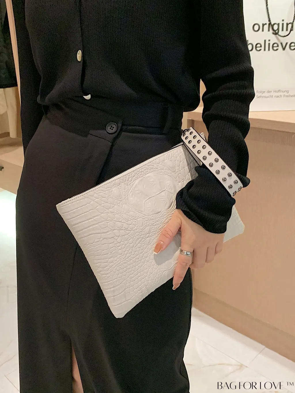 BagForLove - Embossed Croc Clutch with Studded Decor - Elegant and Stylish
