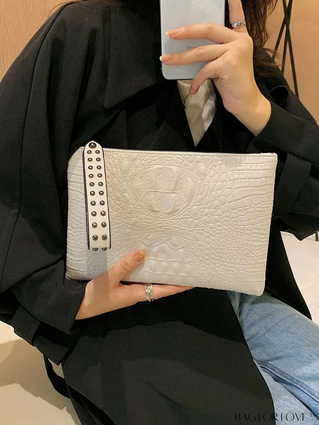 BagForLove - Embossed Croc Clutch with Studded Decor - Elegant and Stylish