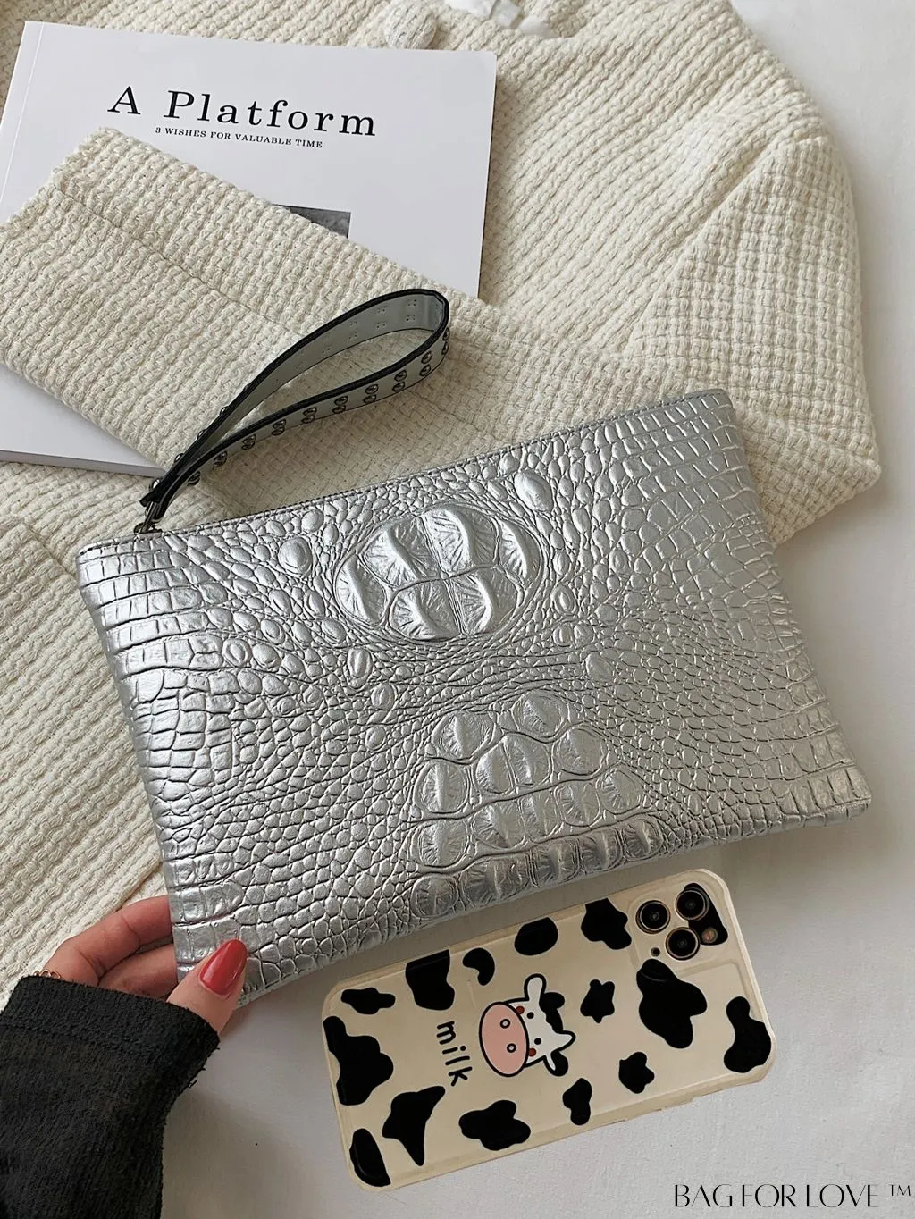BagForLove - Embossed Croc Clutch with Studded Decor - Elegant and Stylish