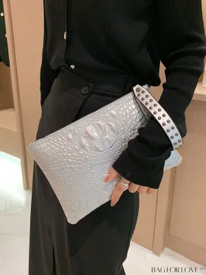 BagForLove - Embossed Croc Clutch with Studded Decor - Elegant and Stylish
