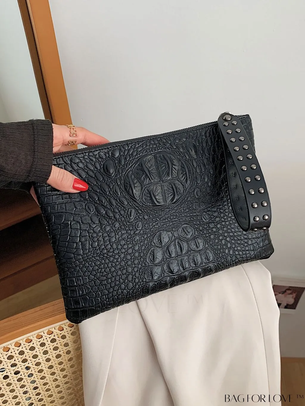 BagForLove - Embossed Croc Clutch with Studded Decor - Elegant and Stylish