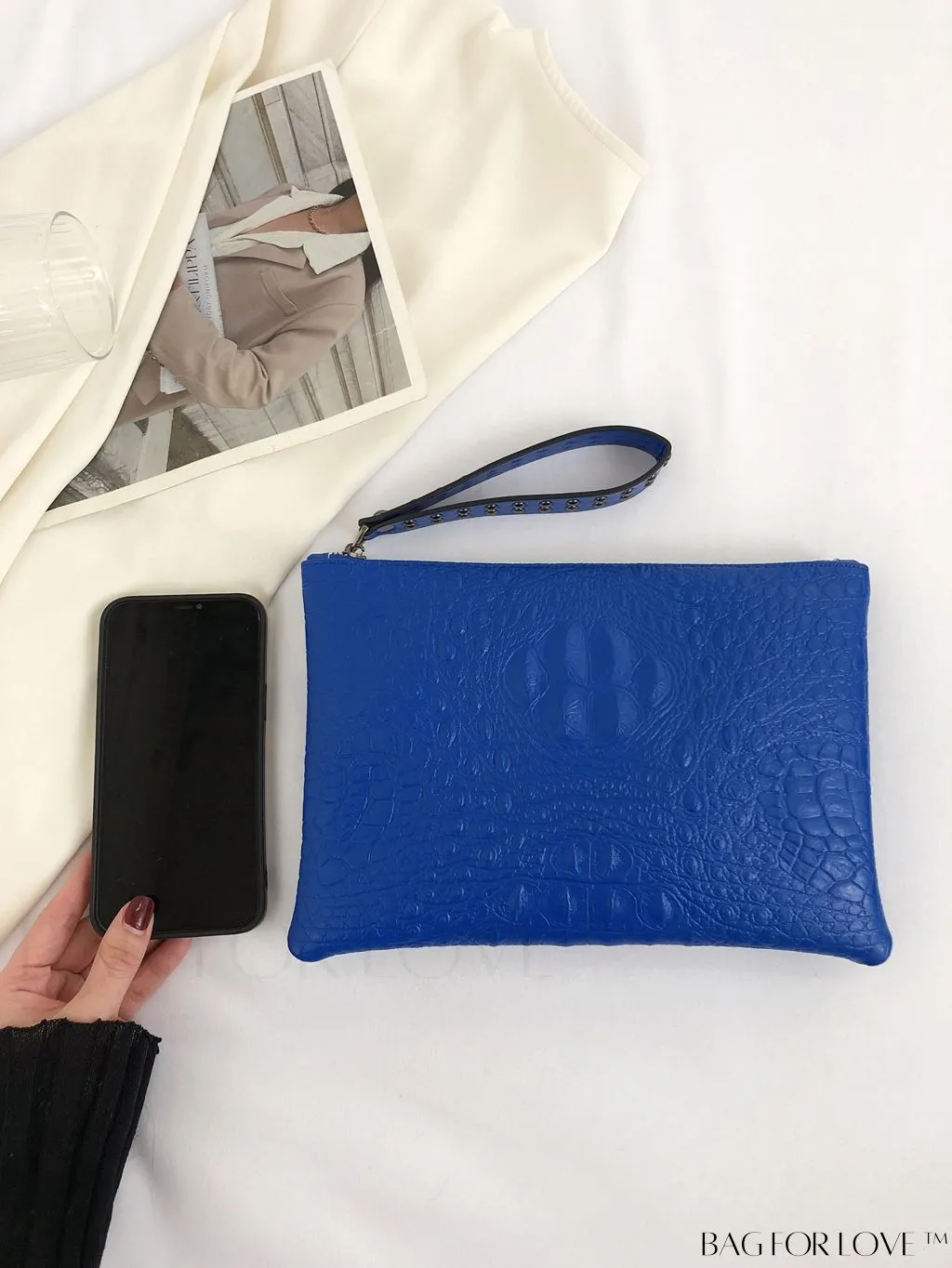 BagForLove - Embossed Croc Clutch with Studded Decor - Elegant and Stylish