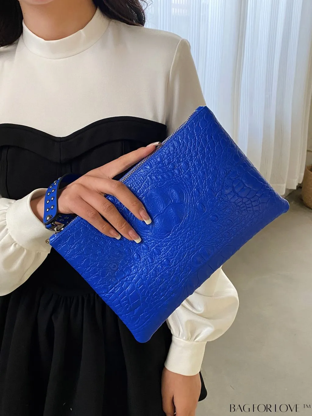 BagForLove - Embossed Croc Clutch with Studded Decor - Elegant and Stylish