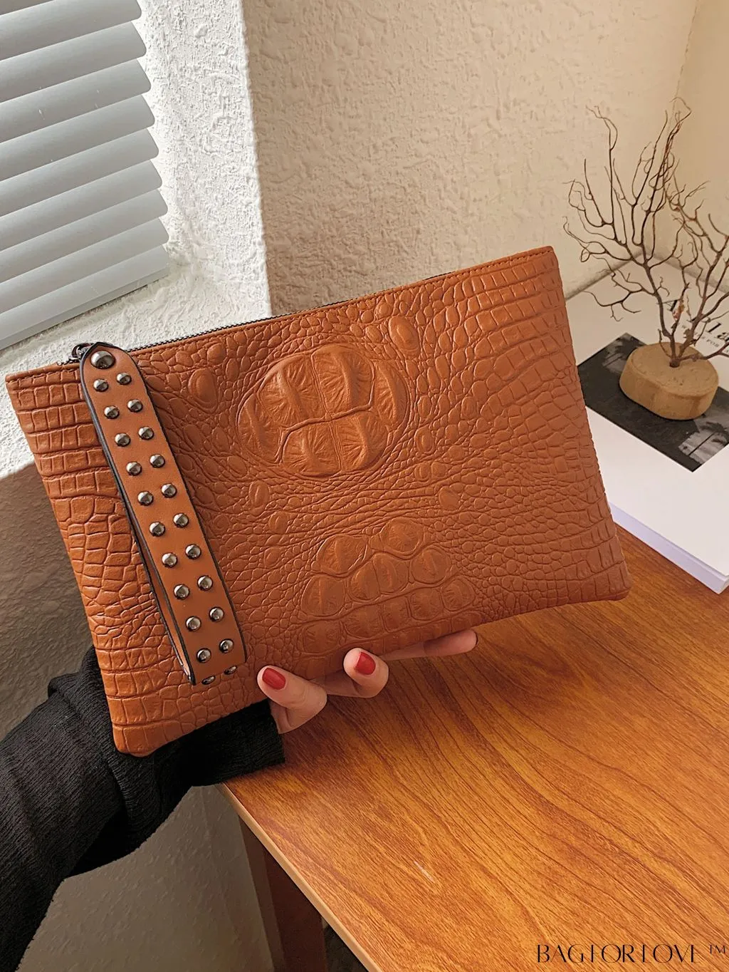 BagForLove - Embossed Croc Clutch with Studded Decor - Elegant and Stylish