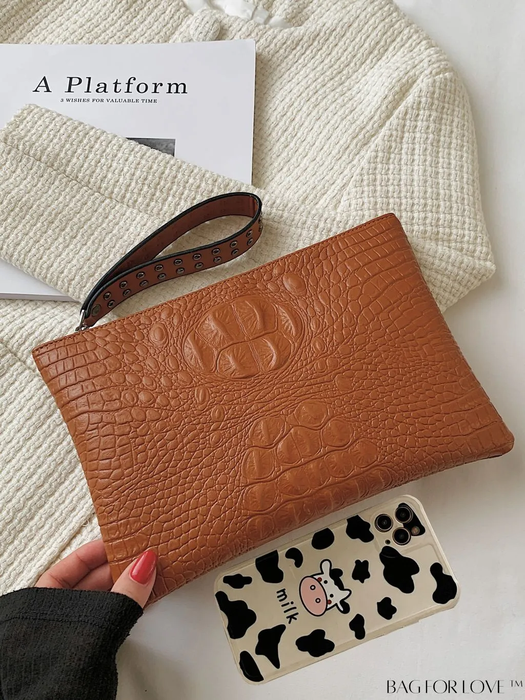 BagForLove - Embossed Croc Clutch with Studded Decor - Elegant and Stylish