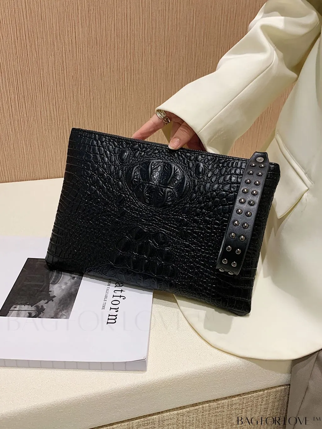 BagForLove - Embossed Croc Clutch with Studded Decor - Elegant and Stylish