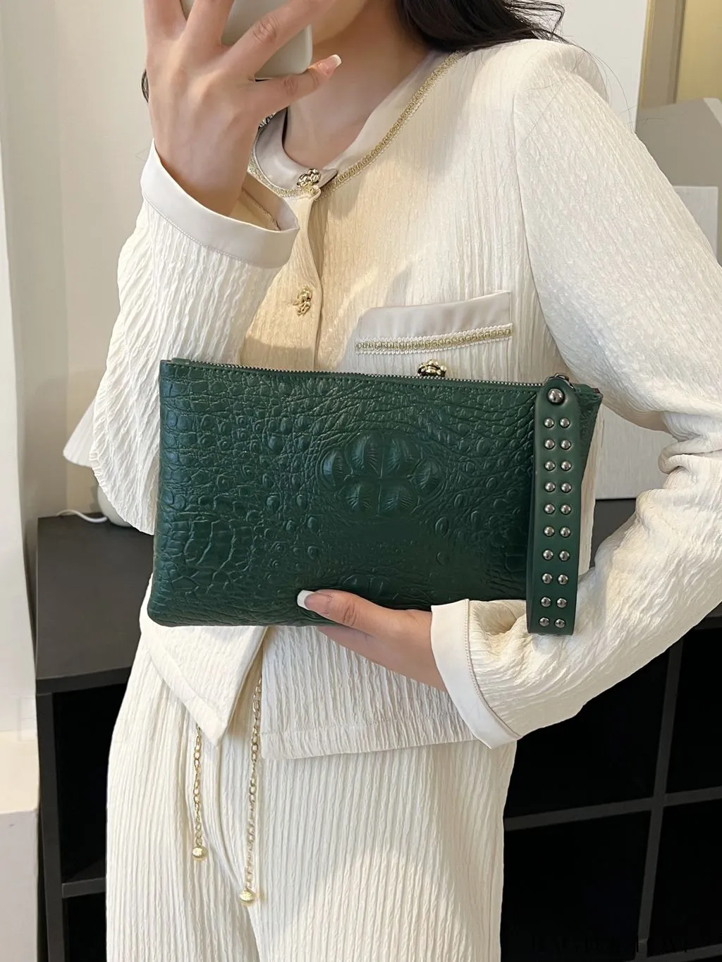 BagForLove - Embossed Croc Clutch with Studded Decor - Elegant and Stylish