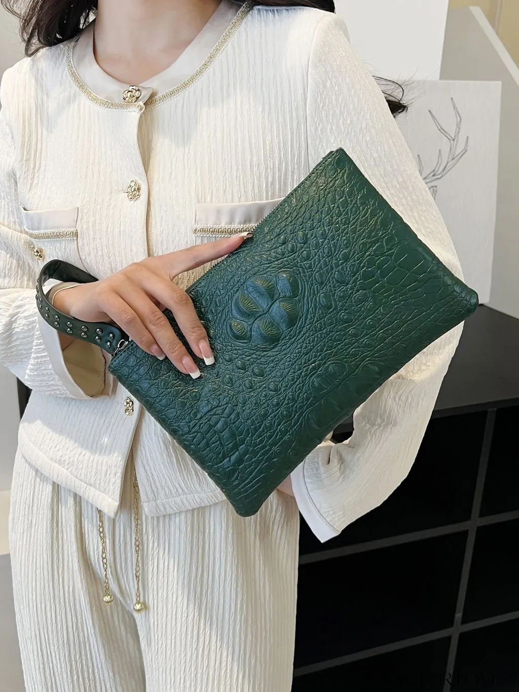 BagForLove - Embossed Croc Clutch with Studded Decor - Elegant and Stylish