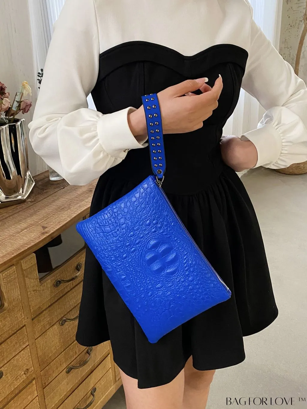BagForLove - Embossed Croc Clutch with Studded Decor - Elegant and Stylish