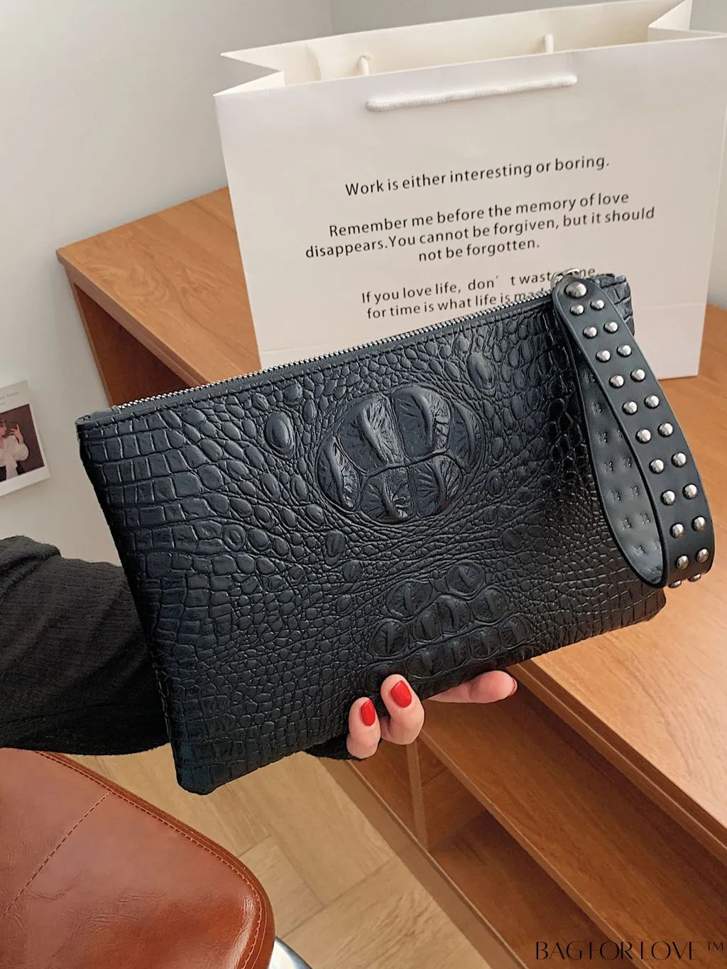 BagForLove - Embossed Croc Clutch with Studded Decor - Elegant and Stylish