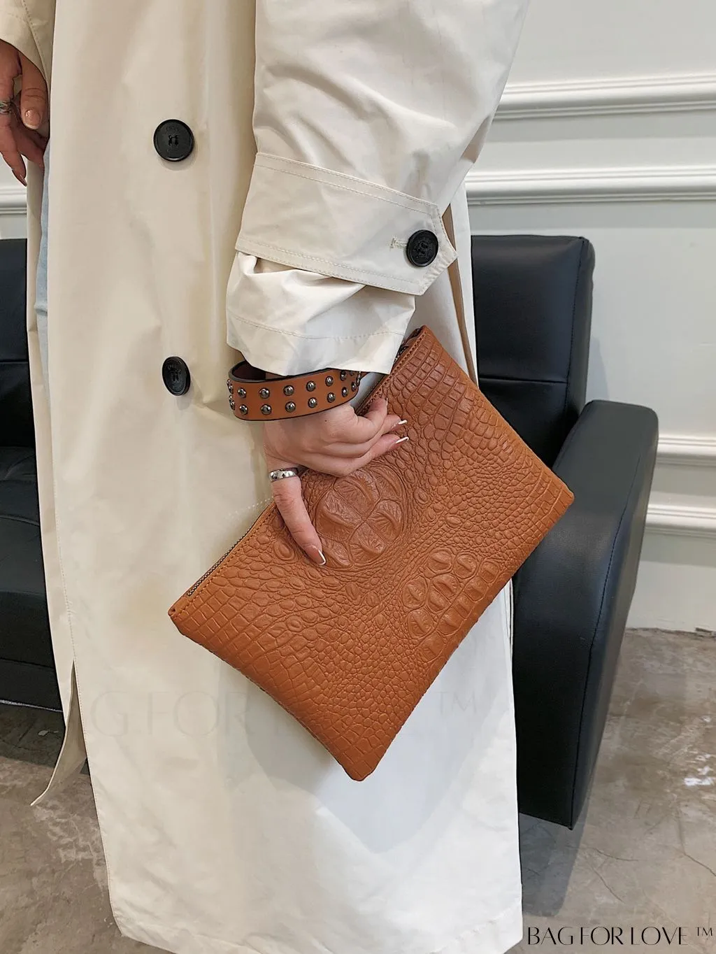 BagForLove - Embossed Croc Clutch with Studded Decor - Elegant and Stylish